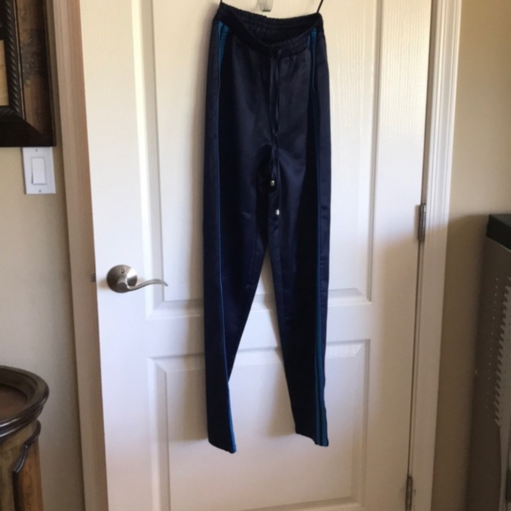 satin navy blue pants with stripes